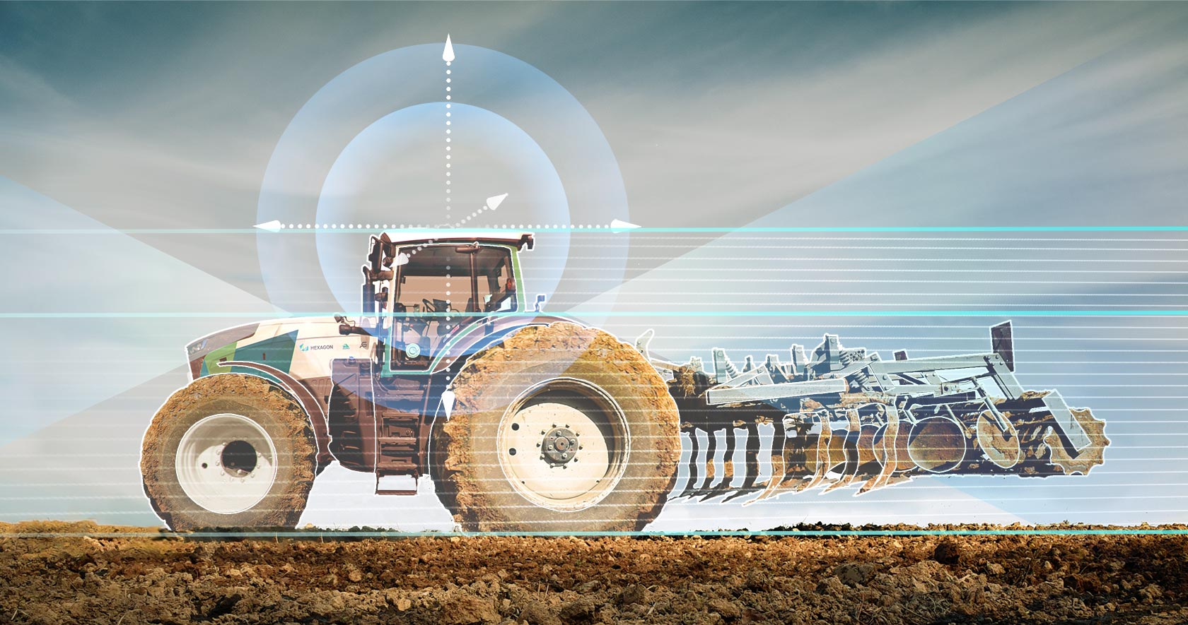 Tractor with an implement and superimposed graphics